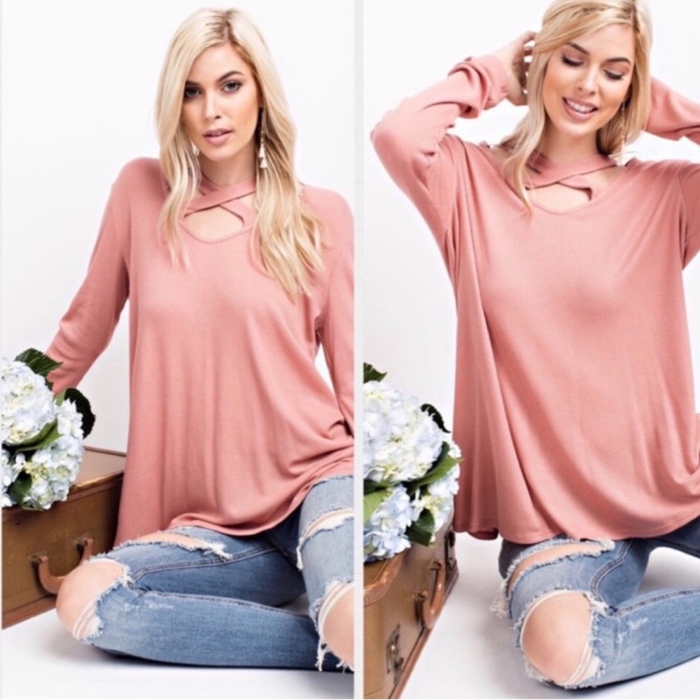 1.4.3. Story by Line Up Dusty Rose Cross-Neck Long Sleeve Top